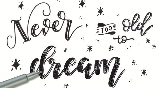 Handlettering "never too old to dream".
